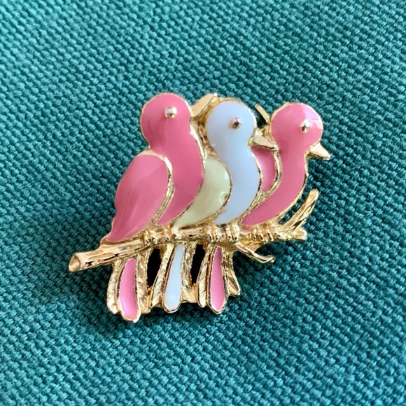 unknown Jewelry - Bird Trio Enamel Pin, Goldtone, Pink Cream White
